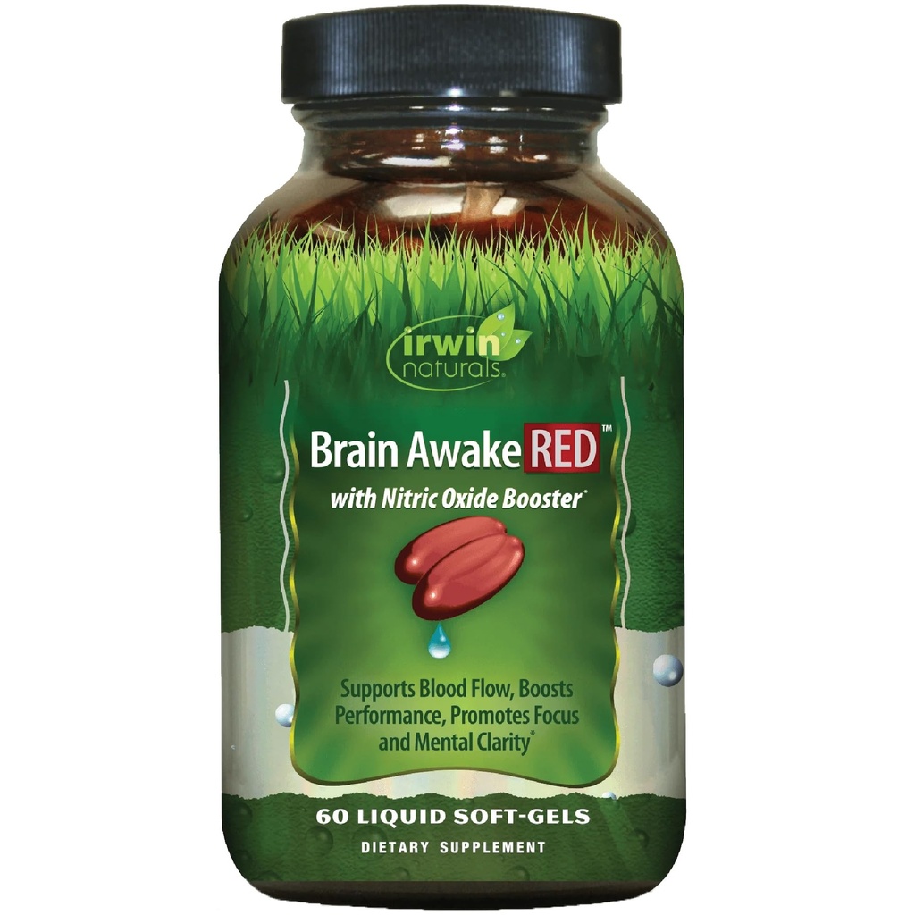 Irwin Naturals Brain Awake RED with Nitric Oxide Booster - 60 Liquid Soft-Gel - サポート脳の健康 & パフォーマンスを最適化 - 20 総サービング