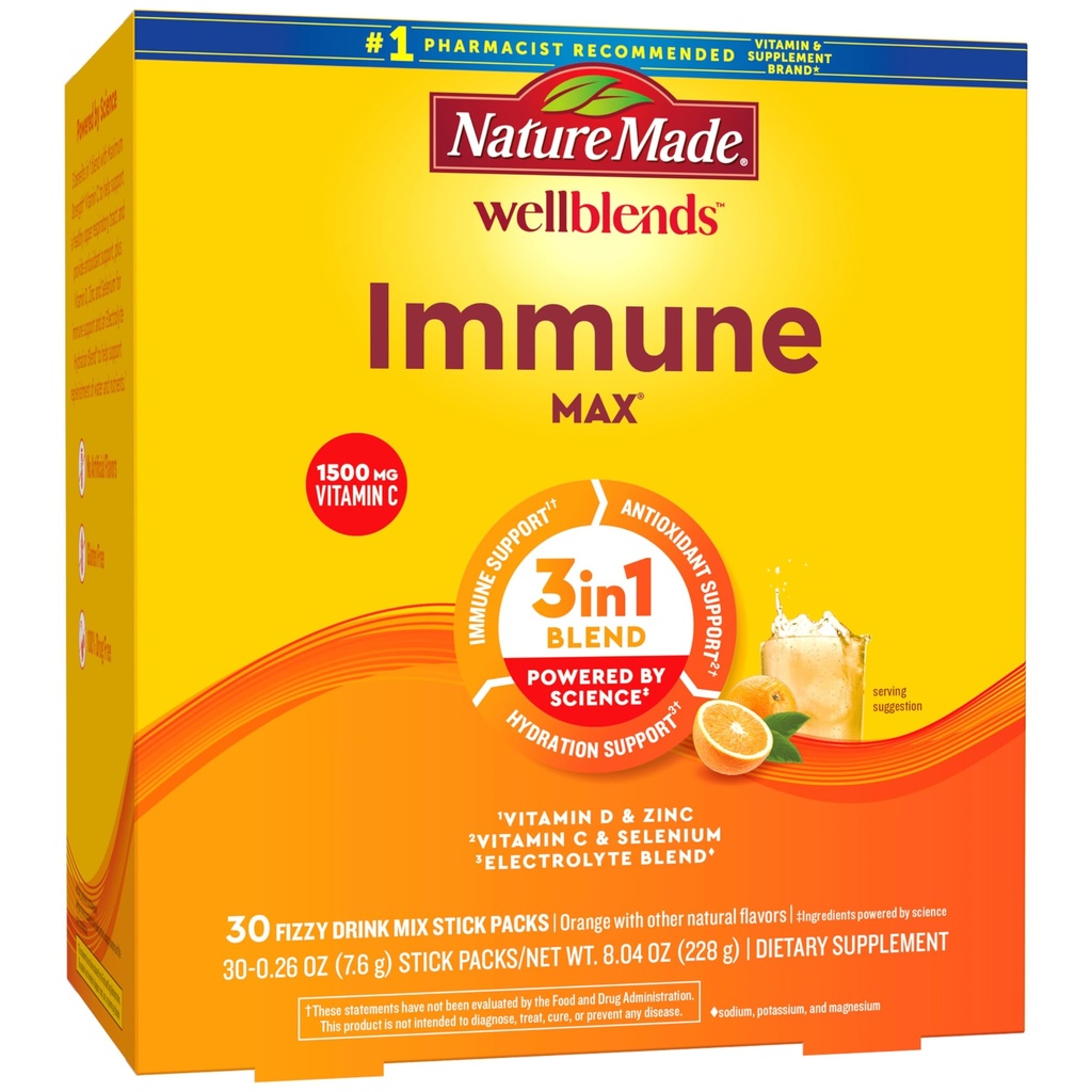 Nature Made Wellblends ImmuneMAX Fizzy Drink Mix、ビタミンC 1500mg、亜鉛15mg、ビタミンD3 1000 IU(25 mcg)、Bビタミンと電解液の水分補給ブレンド、30スティックパック