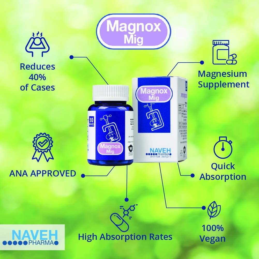 MAGNOX Mig Magnesium Supplement Tablets (30) for Migraine Headaches -Due to Magnesium Deficiency, by Naveh Pharma