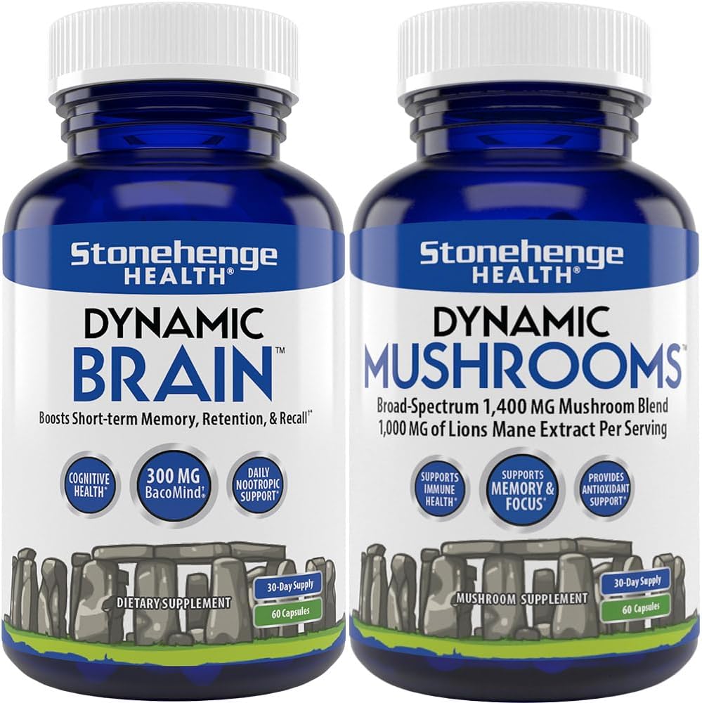 Stonehenge Health Dynamic Brain + Dynamic Mushrooms Bundle Memory Acquisition, Retention, & Recall with 40 Unique Nootropic Brain & Immune System Support