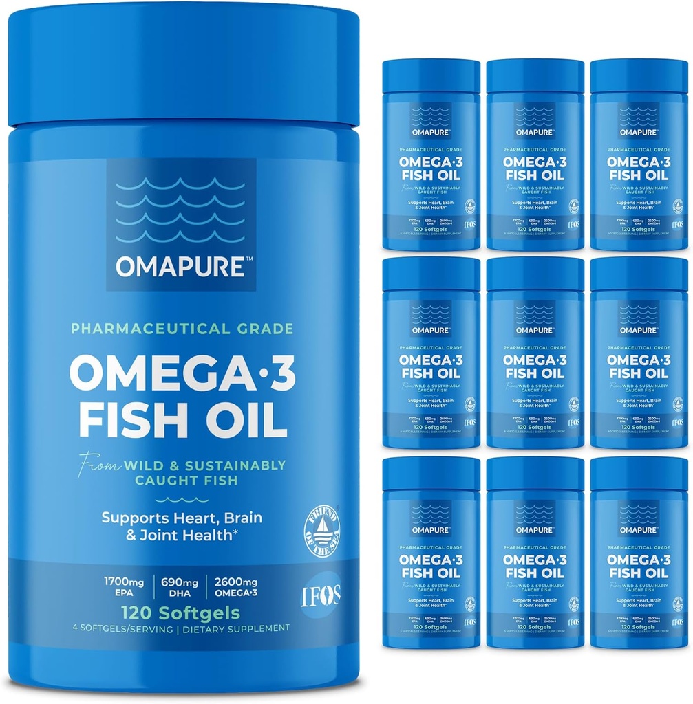 OMAPURE Wild Caught Omega-3 Supplements with High EPA & DHA (10 Bottles, 120 Softgels) - Burpless Formula Supports Heart & Joint Health, Promotes Brain Function