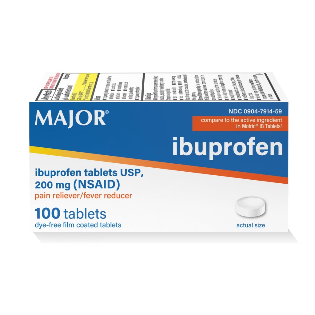 MAJOR Dye-Free Ibuprofen Tablets 200 mg - Helps Temporarily Reduce Fevers - Offers Pain Relief - 100 Tablets (1-Pack)