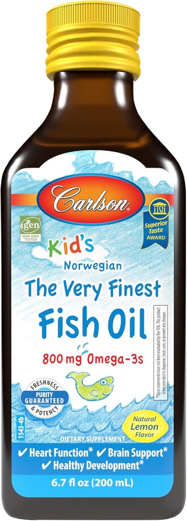 Carlson - Kid's The Very Finest Fish Oil Liquid, 800 mg Omega-3s, Norwegian, Wild-Caught Fish Oil, Omega 3 Liquid for Kids, Sustainably Sourced, Lemon, 200 ml