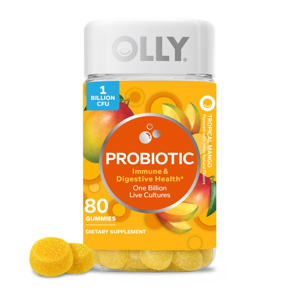 OLLY Probiotic Gummy、1億CFU、免疫および消化器系サポート、Chewable Probioticサプリメント、マンゴー、80カウント