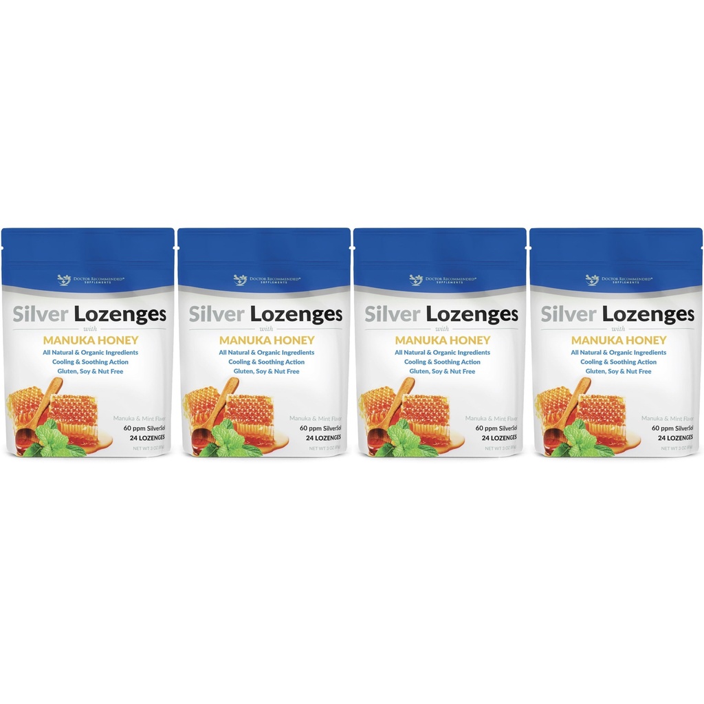 Silver Lozenges with Organic Manuka Honey and Vitamin C - All-Natural Nano Silver 45-50mcg of 60 PPM Colloidal Mineral Drops to Support Immune System, Soothe, Cool Cough & Throat, 96-Lozenges