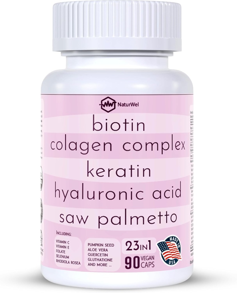 Collagen 1000mg Rhodiola Rosea 2500mg Biotin 10,000mcg, Hyaluronic Acid, DHT Blocker, Vitamin C & E, Folic Acid, Aloe Vera, Quercetin, Green Tea, Keratin, MSM - 90 Count (90 Count (Pack of 1))