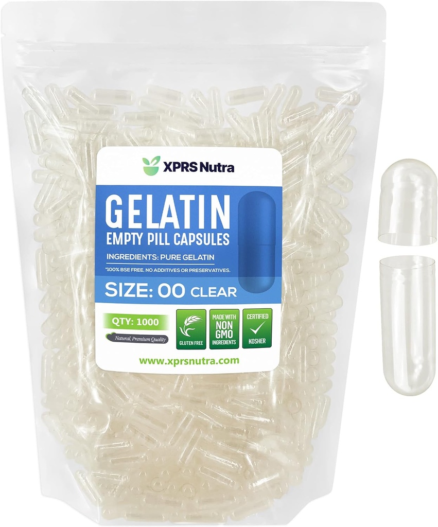 XPRSのNutraのサイズ00の空のカプセル- 1000の計算の空のゼラチンのカプセル- DIYのカプセルの詰物- Do-It-Yourselfの補足のための満たされたPillのゲルの帽子(明確)