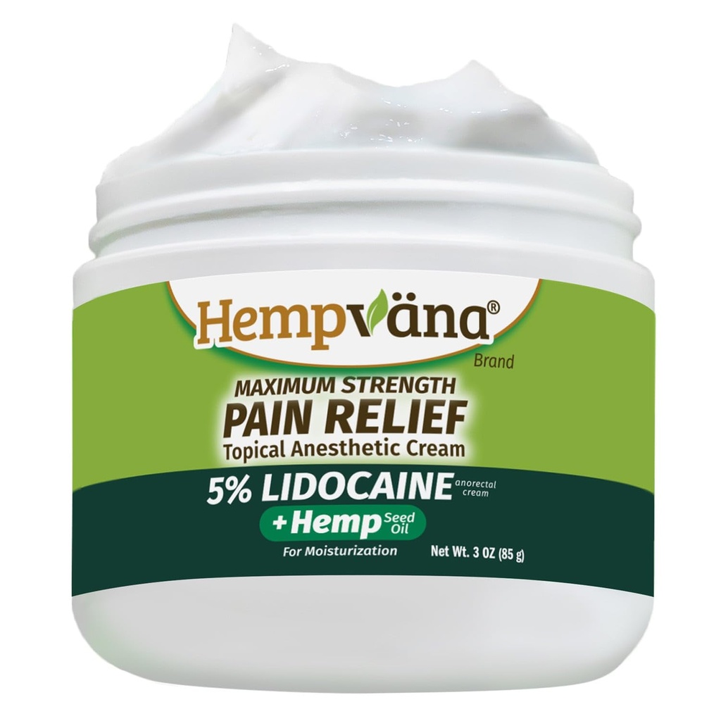 Hempvana Lidocaine 5% Relief Cream, Maximum Strength, Targeted Long-Lasting Relief, Strong Cream, Numbs Irritated Nerves for Fast Anorectal Relief, Non-Greasy.