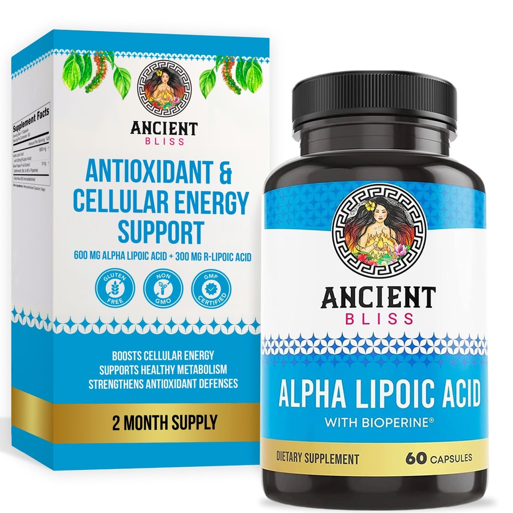 古代のBlissアルファリポ酸の補足、酸化防止およびエネルギー サポート、BioperineとALAの補足、Gluten無しおよび大豆、サービングごとの600mg、60のカプセル