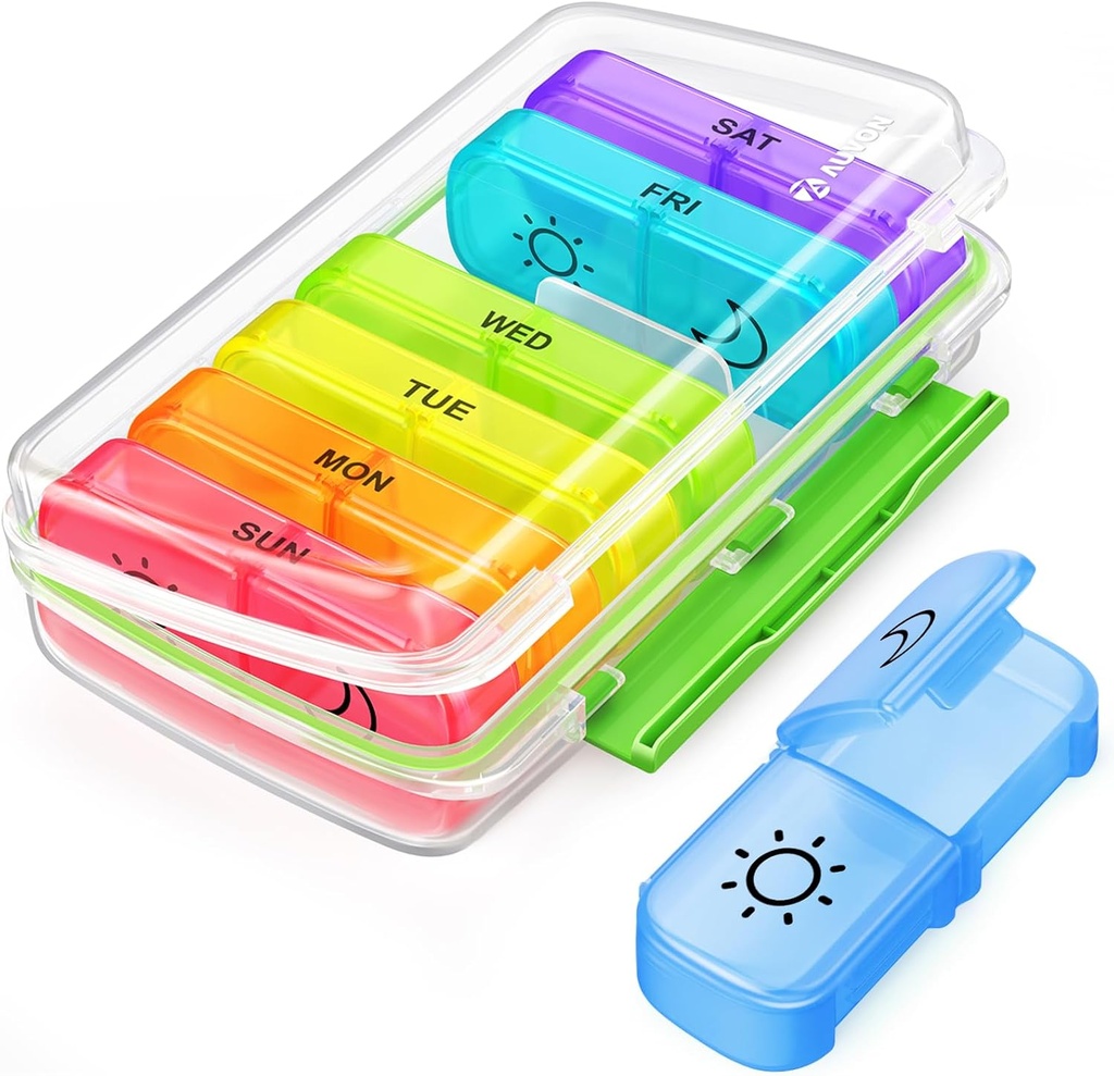 AUVON Pill Box 2は、Moisture-Proof Design、Weekly Pill Organizer AM PM with Portable Pocket Slots、Pill Case 7 Day with Dual Protection for Vitamin、薬、薬、およびサプリメントの1日です。