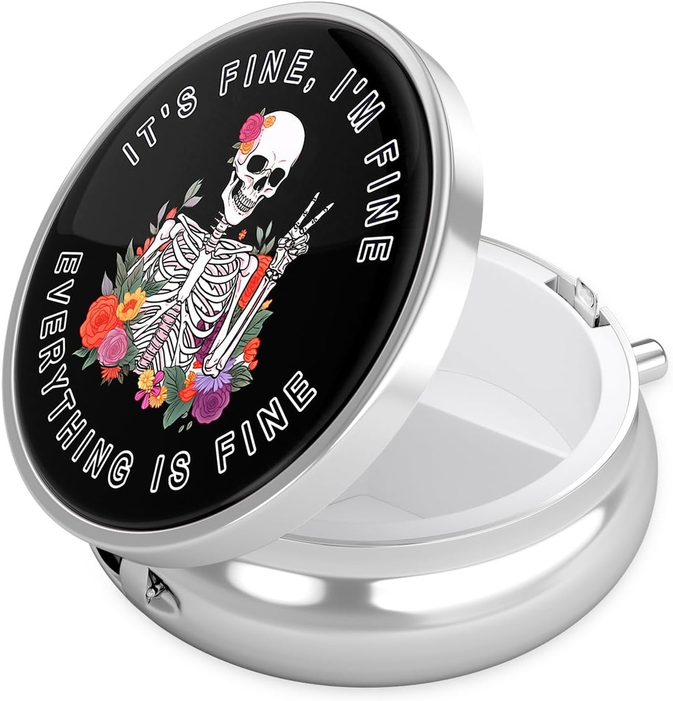 Nipichshaの丸薬箱、財布のための小さい丸薬箱及びポケット、かわいい旅行薬のオルガナイザー、ビタミン、薬、魚油及び補足、花の頭蓋を握る携帯用薬の容器のホールダー