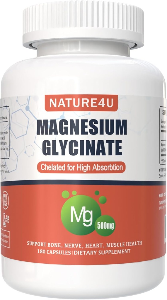 Magnesium Glycinate 500mg, 100% Chelate for High Absorption Magnesium Supplement for Sleep, Muscle, Heart, Never and Bone Support, 180 Capsules