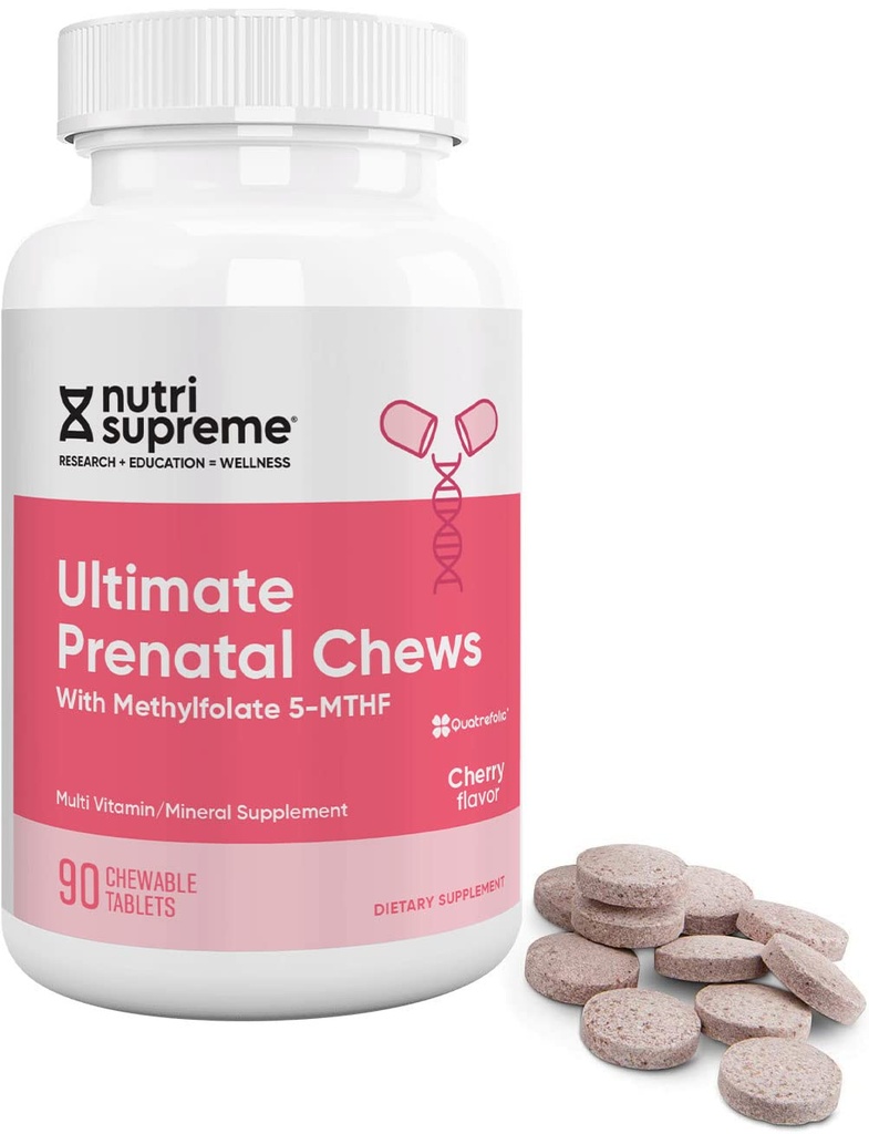 Nutriの最高の胎児のビタミン、高吸収性のメチルの葉酸塩が付いている女性のためのChewableの胎児のビタミン、鉄、コザール、チェリーの味、90の計算が付いている完全な胎児のMultivitamin
