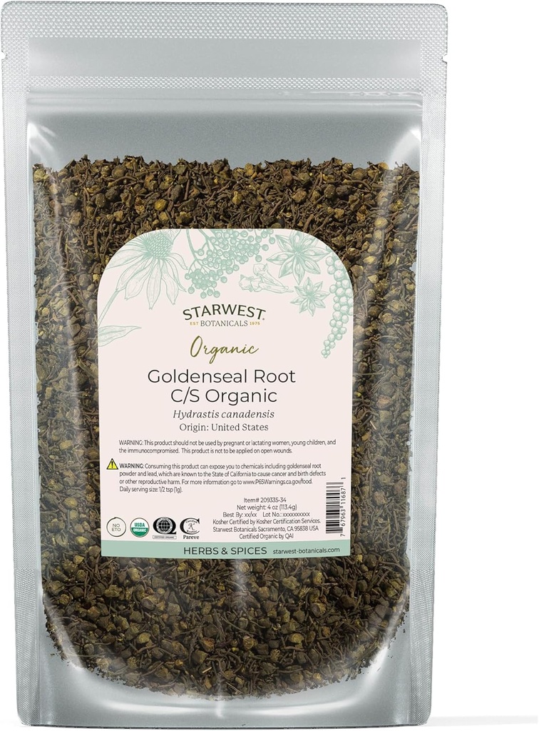 Starwest Botanicals Organic Goldenseal Root - 乾燥ロースリーフハーブティー、ハーブブレンド、&クッキング、ピュア&ナチュラルHydrastis Canadensis、カット&シフト、認定コーシャ、非GMO - 4オンスポーチ