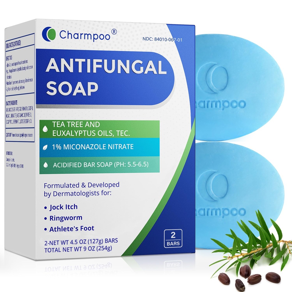 CHARMPOO Antifungal Soap Bar for Itchy Skin: Helps Relieve Athletes Foot & Fungal Discomfort – Moisturizing pH-Balanced Gentle on Sensitive Skin for Body & Feet - 2 Bars (9 oz)