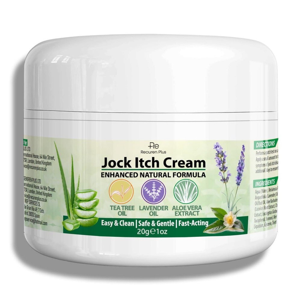 Recuren Plus Jock Itch Antifungal Skin Cream: Tea Tree Oil Anti Fungal Cream with Aloe Vera, Lavender & Eucalyptus – Extra Strength Herbal Moisturizer for Itchy Skin Soothing– for Men & Women, 30g