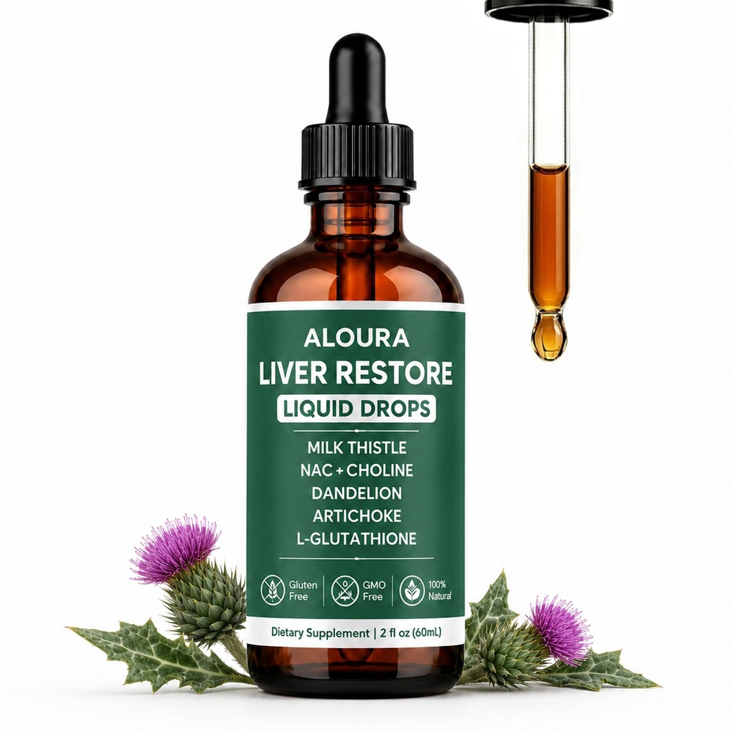 ALOURA Liver Restore Drops, Complete Liver Support to Restore Energy and Vitality, Liquid Supplement with L-Glutathione, Milk Thistle, Dandelion Root & Choline, 2 Fl Oz