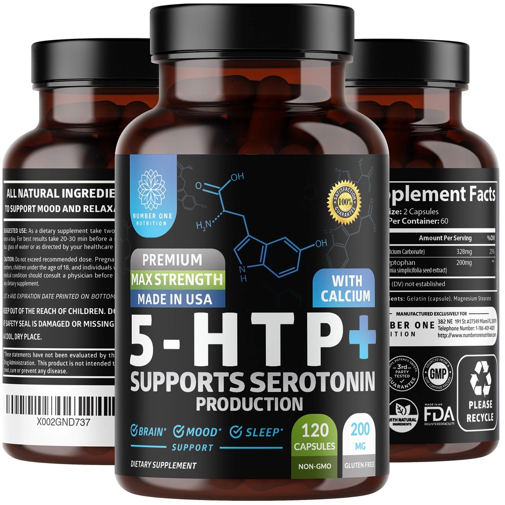 N1Nプレミアム5-HTP 200mgプラスカルシウム、Griffonia Seed Extract、非GMOおよびグルテンフリー、120キャップ
