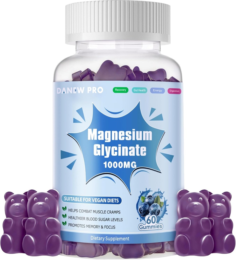 マグネシウムのGlycinateのガミー1000mg - 砂糖はビタミンD、B6、CQ10のCalmの気分及び睡眠サポートとマグネシウムのカリウムの補足- 60のブルーベリーのガミーを放します