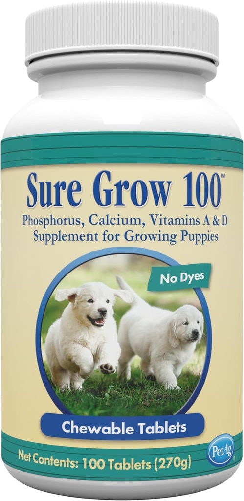 PetAg Sure Grow 100 - Promotes Optimal Bone Development in Puppies Eight Weeks and Older - with Calcium, Phosphorus, and Vitamins A & D - 100 Chewable Tablets
