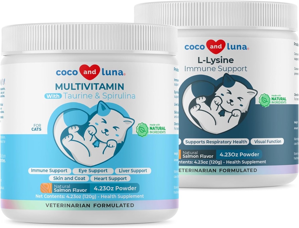 猫のためのリジン+マルチビタミン - 免疫サポート、皮膚とコート健康、目のサポート - EPAとDHA、タウリンとスピルリナ