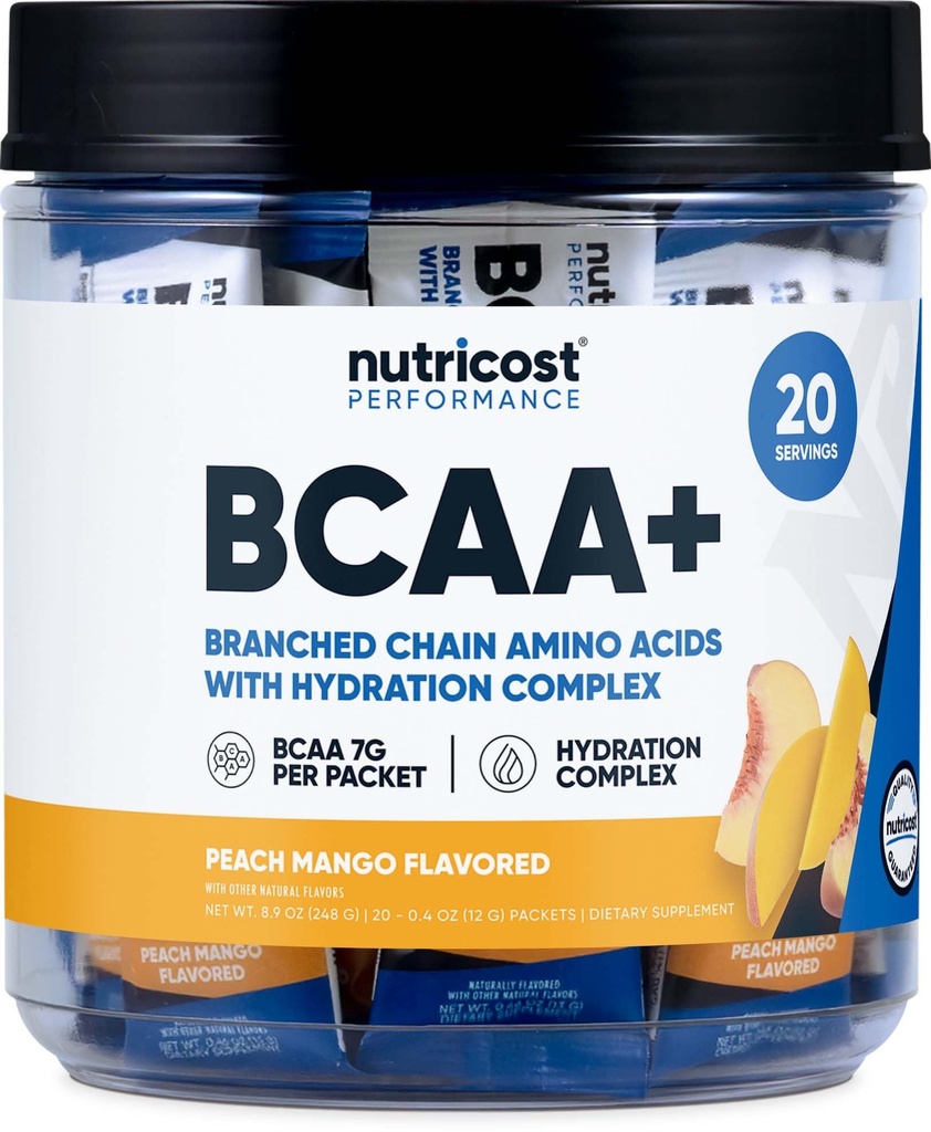 Nutricost BCAA + ヒドレーションピーチマンゴーフレーバー(20スティックパック) - 分岐させたチェーンアミノ酸 - グルテンフリー、非GMO