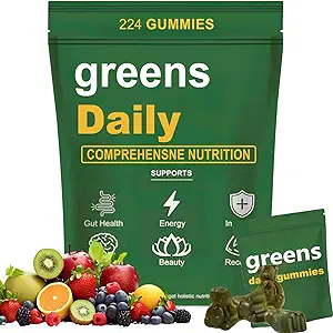 Greens Gummies - 有機クロレラとスピルリナ、消化及び腸の健康、60 +を配合 成分、マルチビタミン&ミネラル、毎日のガミー、224ガミーベア