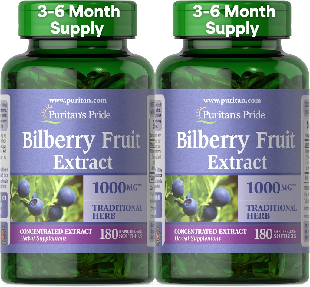 PuritanのPrideの優れたBilberryのフルーツのエキス250のmg (同等の1000mg)、4:1の集中された従来の草の補足、ビタミンC、3から6か月の供給、180の急速な解放のSoftgels 2-Pack