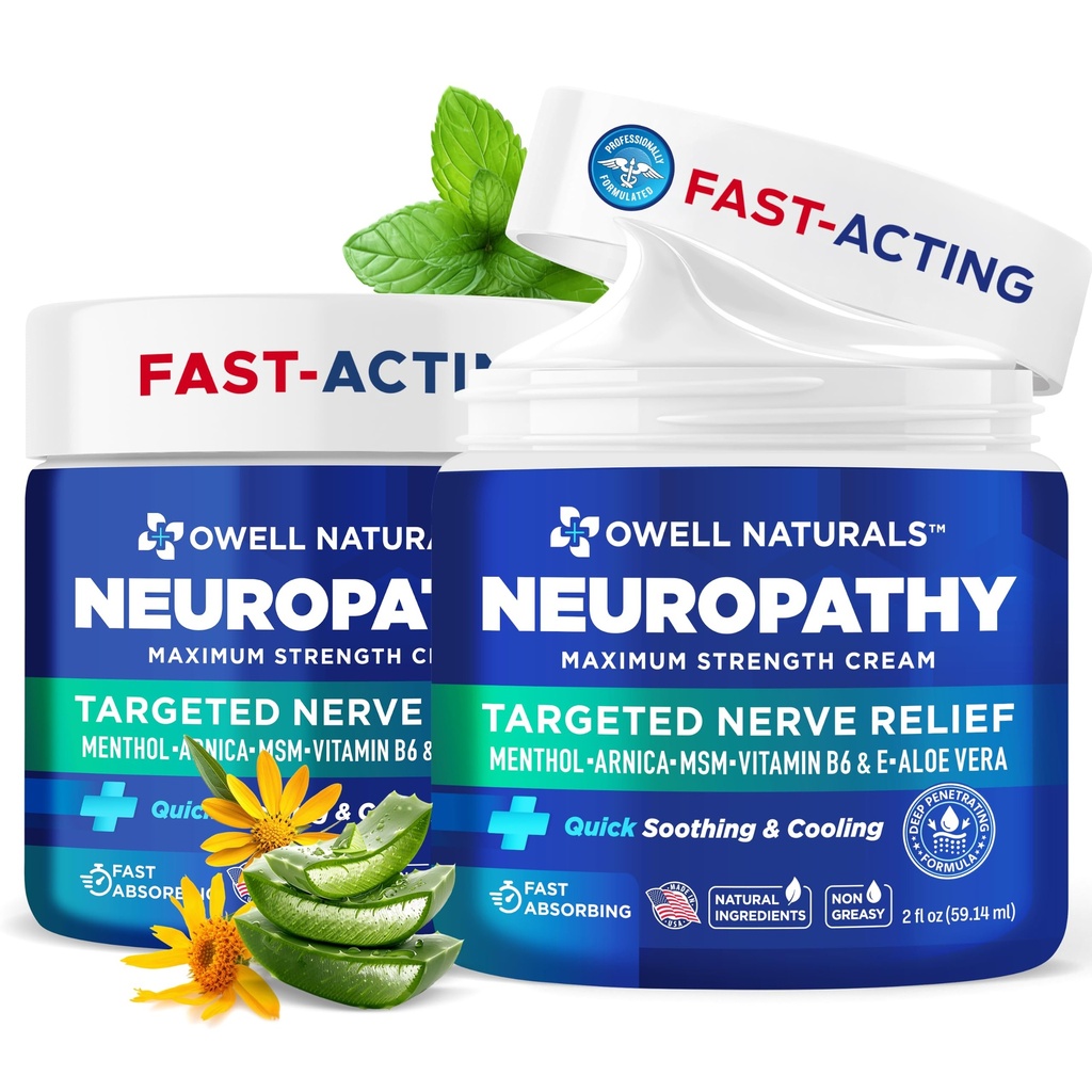 Owell Naturals Neuropathy Cream Extra Strength – Fast Absorbing Cooling for Leg, Feet & Hands – Advanced Soothing Formula with Aloe Vera, Arnica, MSM & Vitamin B6 – Made in USA, 2 fl oz (2 Pack)