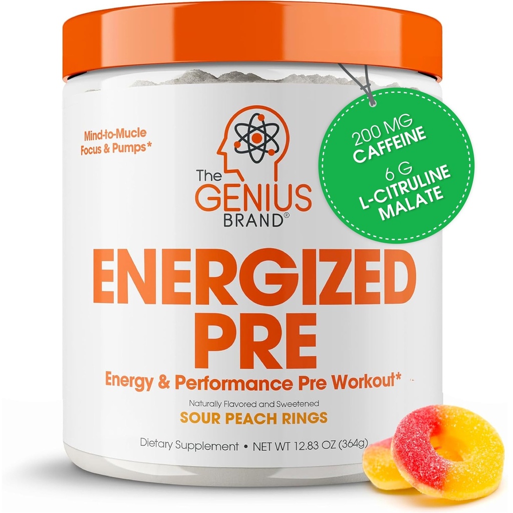 Genius Energized Pre Workout Powder - ベータアランナイン&アルファGPC、人工甘味料または染料なし - 200mgカフェイン、20サービング、サワーピーチリング