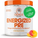 Genius Energized Pre Workout Powder - ベータアランナイン&アルファGPC、人工甘味料または染料なし - 200mgカフェイン、20サービング、サワーピーチリング