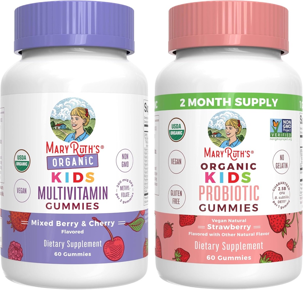 キッズ向けMaryRuth Organic Gummies – マルチビタミン(ミックスベリー&チェリー)、プロバイオティクス(イチゴ) | USDA Organic、No Gelatin! | 免疫、腸の健康、全体的な健康のためのビタミン | ビーガン、非GMO