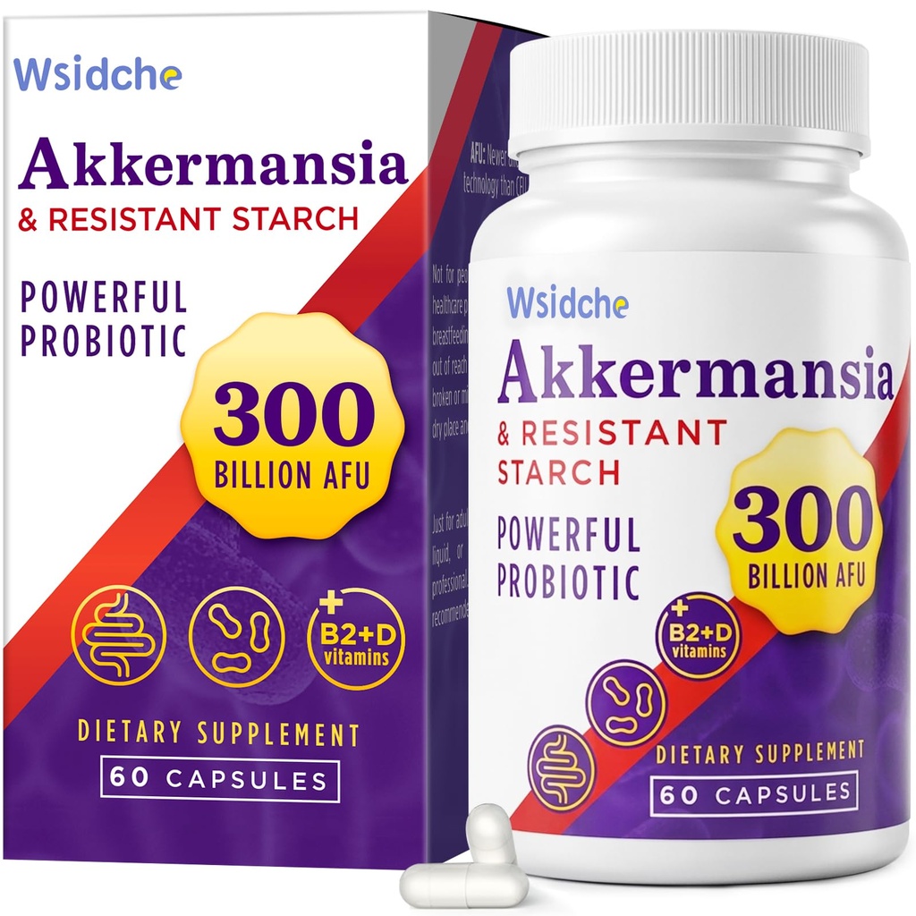 300 Billion AFU Akkermansia Probiotic | 女性&男性のためのGLP-1の補足、GLP-1のためのAkkermansia Muciniphila、Digestive、Gut、免疫、高めて下さい ガットの消化管のライニング機能、Akka Superbiotics - 60の帽子