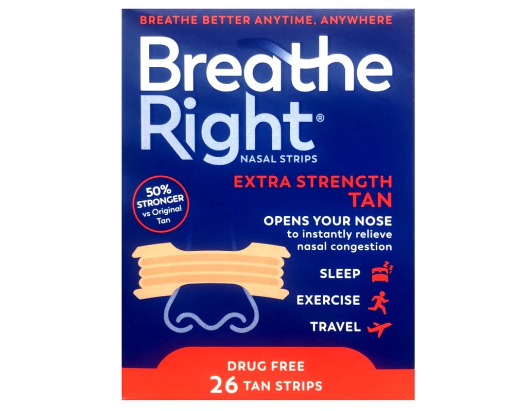 Breathe Right Nasal Strips to Stop Snoring, Drug-Free, Extra Tan, 78 Count (26 Each, Pack of 3)