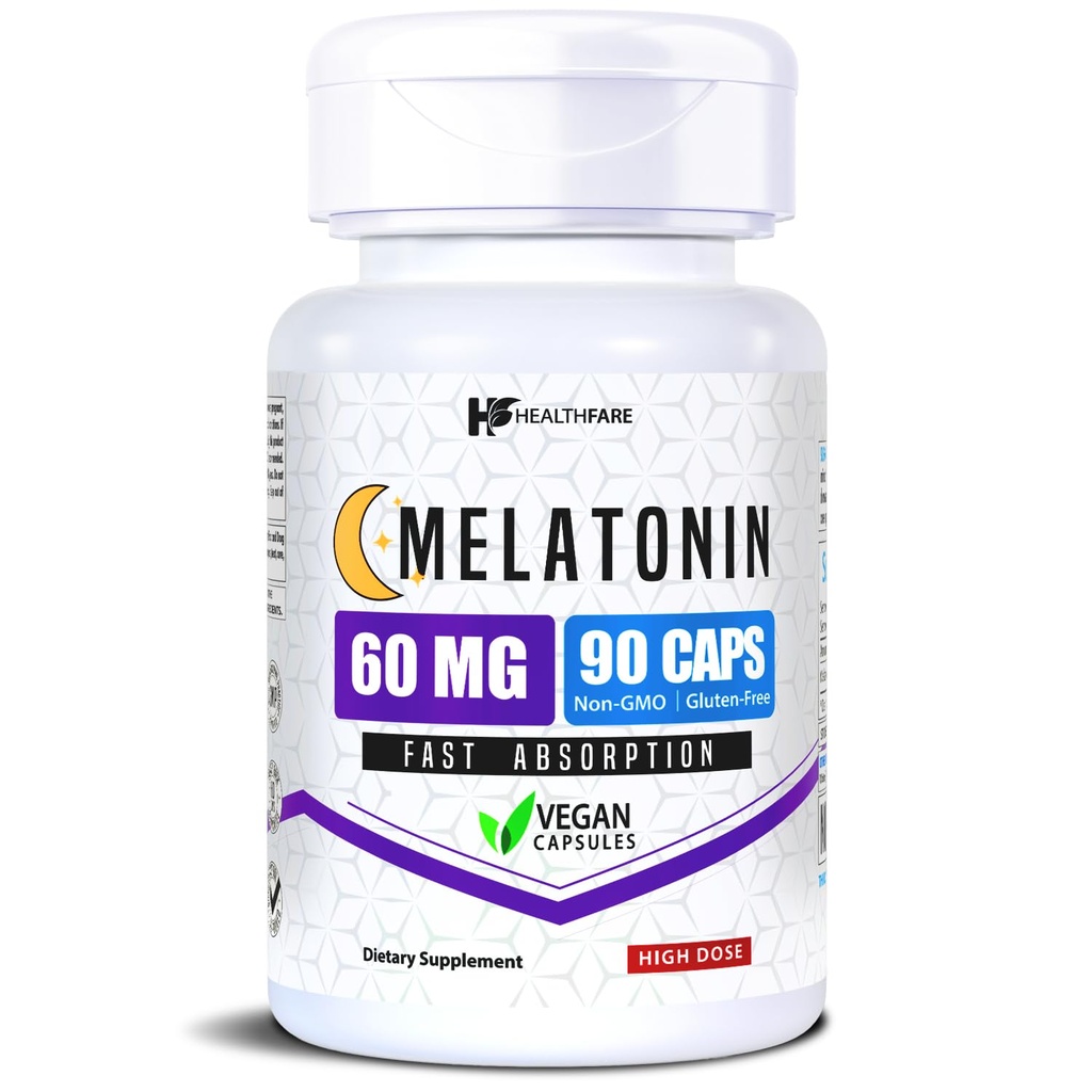 ヘルスファーレ メラトニン 60mg | 90 Veg Capsule | 高強度フォーミュラ | ベジタリアン・非GMO・グルテンフリー | アメリカ製