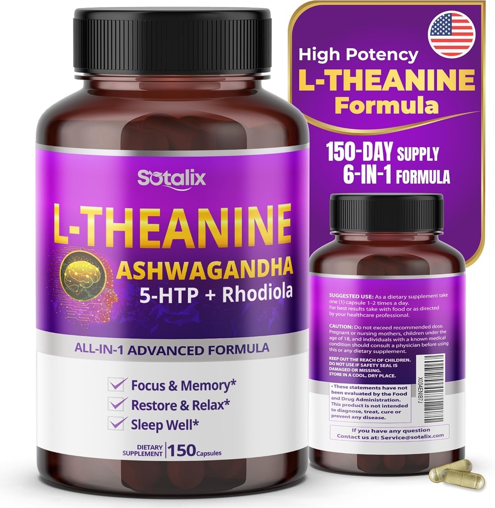 Sotalix L-Theanine Supplement with Ashwagandha 5-HTP + Rhodiola - Focus & Memory, Restore & Relax, Sleep Quality - USA Made & Tested (150 Count (Pack of 1))