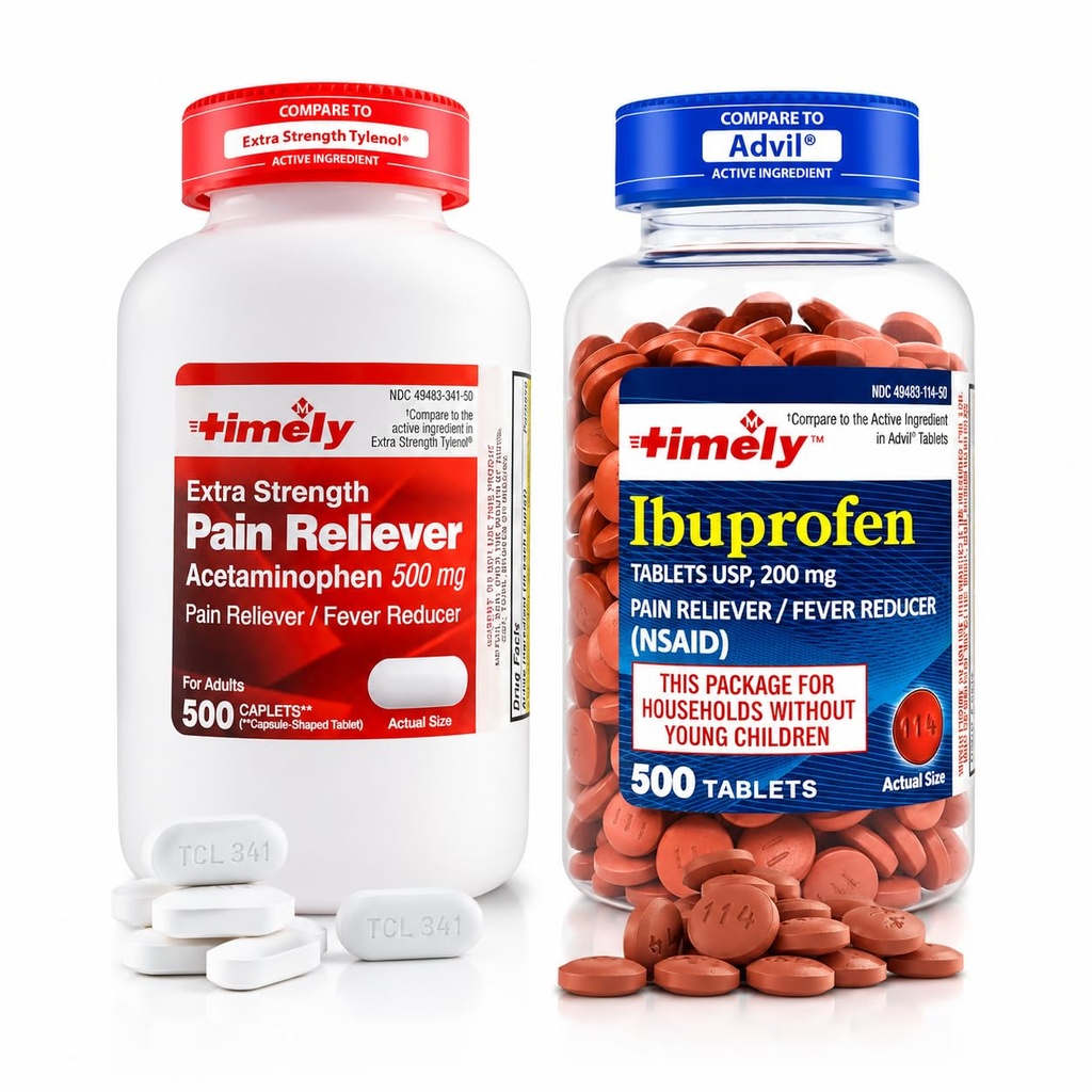 TIME-Cap Labs Pain Relief Bundle, Ibuprofen 200 mg Coated Tablets and Extra Strength Acetaminophen 500 mg Caplets, 500 Count Each