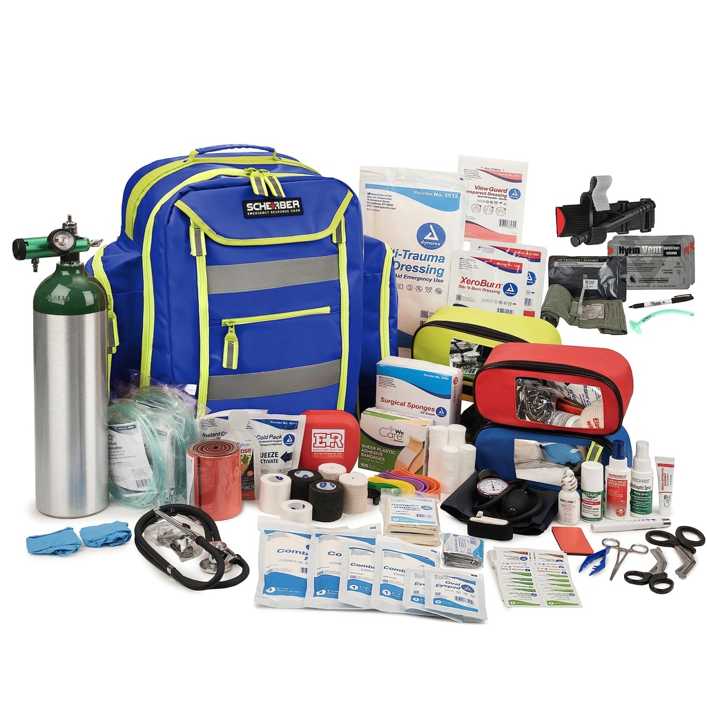 Scherber Fully-Stocked Premium First Responder Backpack | EMT/EMS Medic Trauma, Bleeding & Oxygen Medical Kit | CAT Tourniquet, QuikClot 4x4, HyFin Chest Seal & 250+ First Aid Supplies - Blue