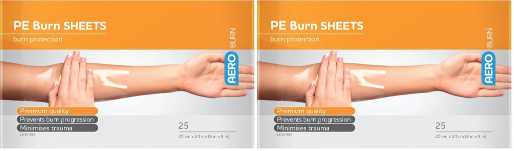 AEROBURN Polyethylene Burn Sheet, sterile low‑adherent clear PE burn sheet barrier for first aid and clinical protection, latex free and conformable for monitoring, coverage 20 cm x 20 cm, box of 25