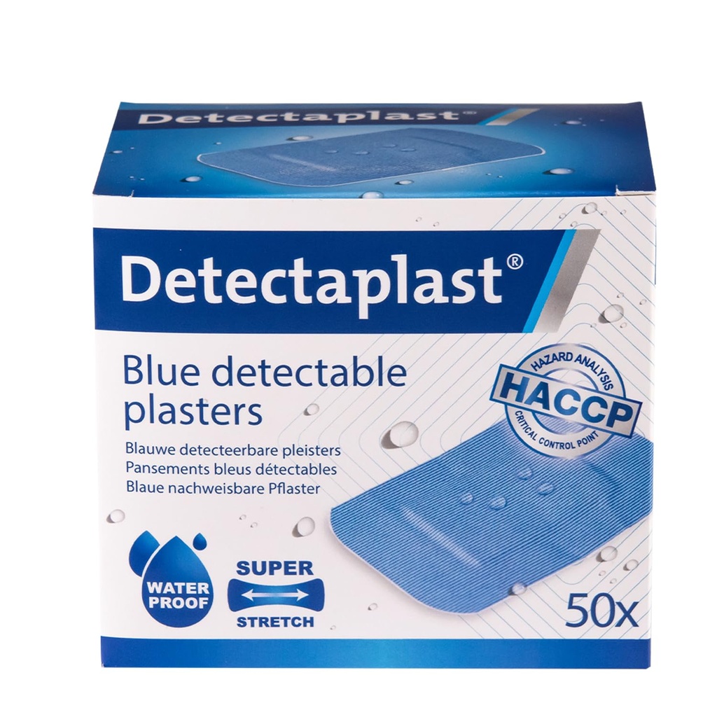 Detectaplast 50 x Blue Premium Water Sensitive Plasters for Food Handling, Detectable First Aid Plasters in Gastronomy 50 x 72 mm, 50 Pieces