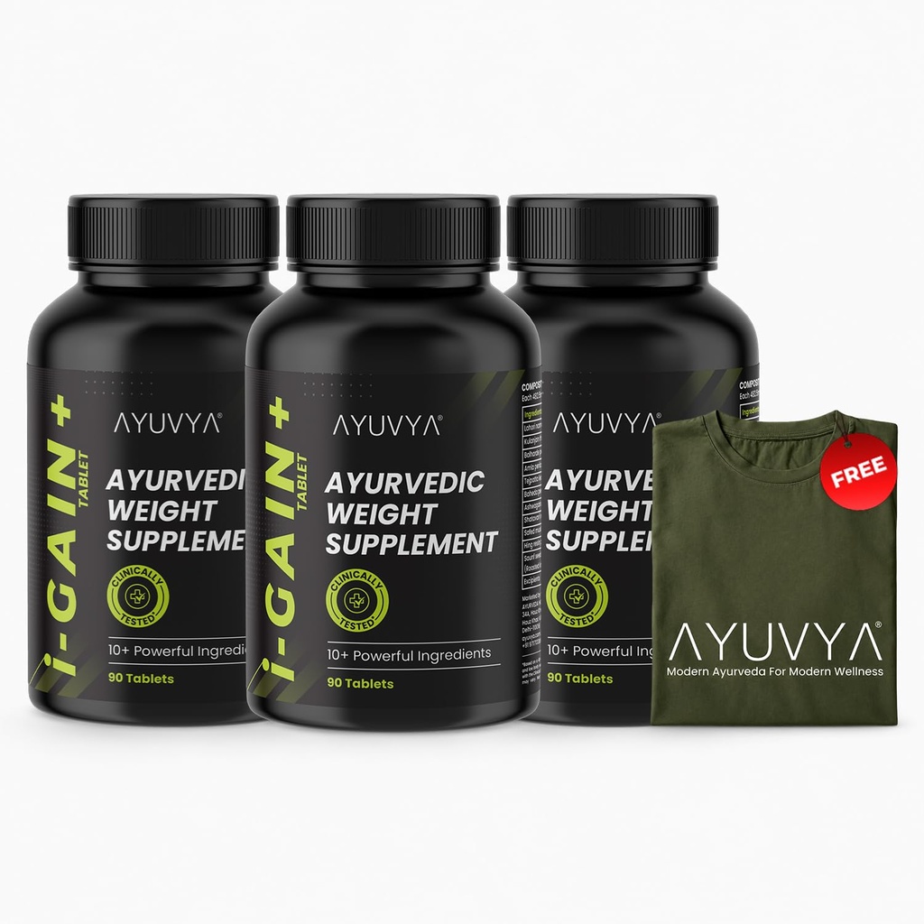 Ayuvya i-GAIN+ | Clinically Proven Ayurvedic Weight Gainer | Helps in Improving Appetite & Weight | Pack Of 3 | With Free T-shirt | As Seen on Shark Tank