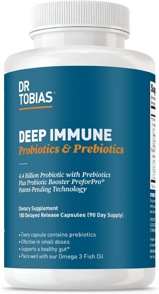Dr. Tobias Deep Immune Probiotics & Prebiotics、PreforPro PrebioticsとDual Action Digestion & Immune Support、Delayed Release、Probiotics for Women & Men、180カプセル、90サービング