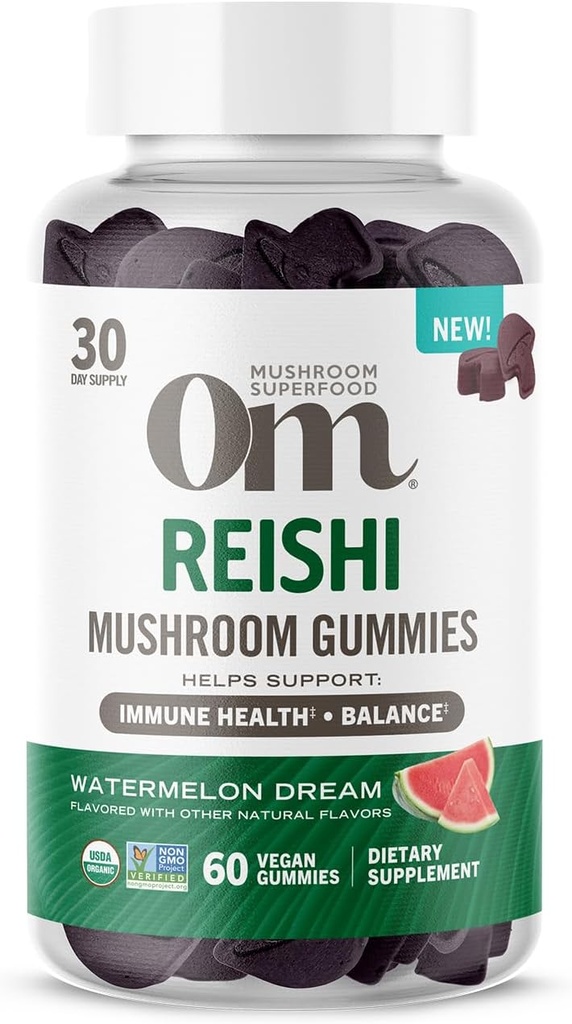 Om のきのこのスーパーフードの Reishi のグミー、米国は有機のきのこのきのこを育てましたり、免疫の健康、バランスおよび圧力、60 の計算、30 のサービングの Gummy の補足を支えます