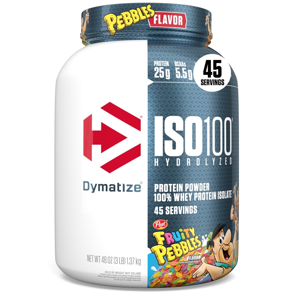 Dymatize x フルーティーな小石ISO100の乳白色蛋白質の粉の隔離剤、蛋白質の25g、5.5g BCAAs、120 Cal。、グルテンフリー、1g脂肪、1g砂糖、2gの炭水化物(45のサービング)