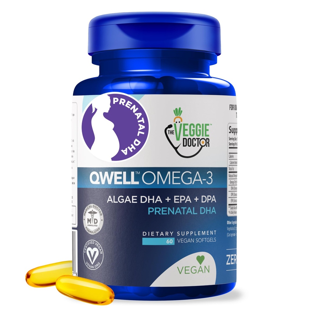 DHA(60カウント)のビーガンプレナタルビタミンOmega-3 - Qwellより良い魚油、脳機能 - 820 Mg Algae DHA&EPA、ビタミンE、カラギーナンフリーのビーガンプレナタルビタミン