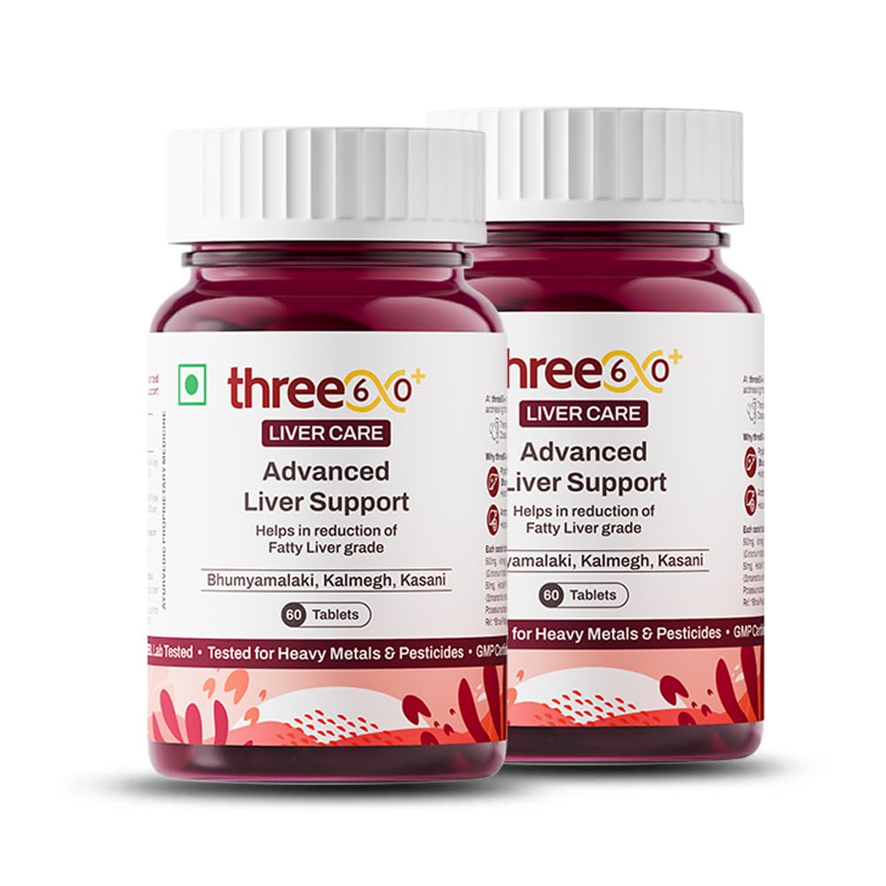 three60+ Advanced Liver Support Tablets | Daily Liver Detox & Fatty Liver Care | Clinically Proven Formula with Bhumiamalaki, Kalmegh & Kasani | Supports Liver Health & Alcohol Detox | 60 Tablet (Pack of 2)