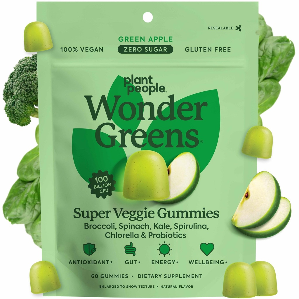 植物の人々はWonderGreensのプロバイオティクスのMultivitaminサポート おいしい、エネルギー、免疫および腸の健康、緑のAppleの味(60の計算)が付いているベジギーのグミーの極度の緑を、植えます