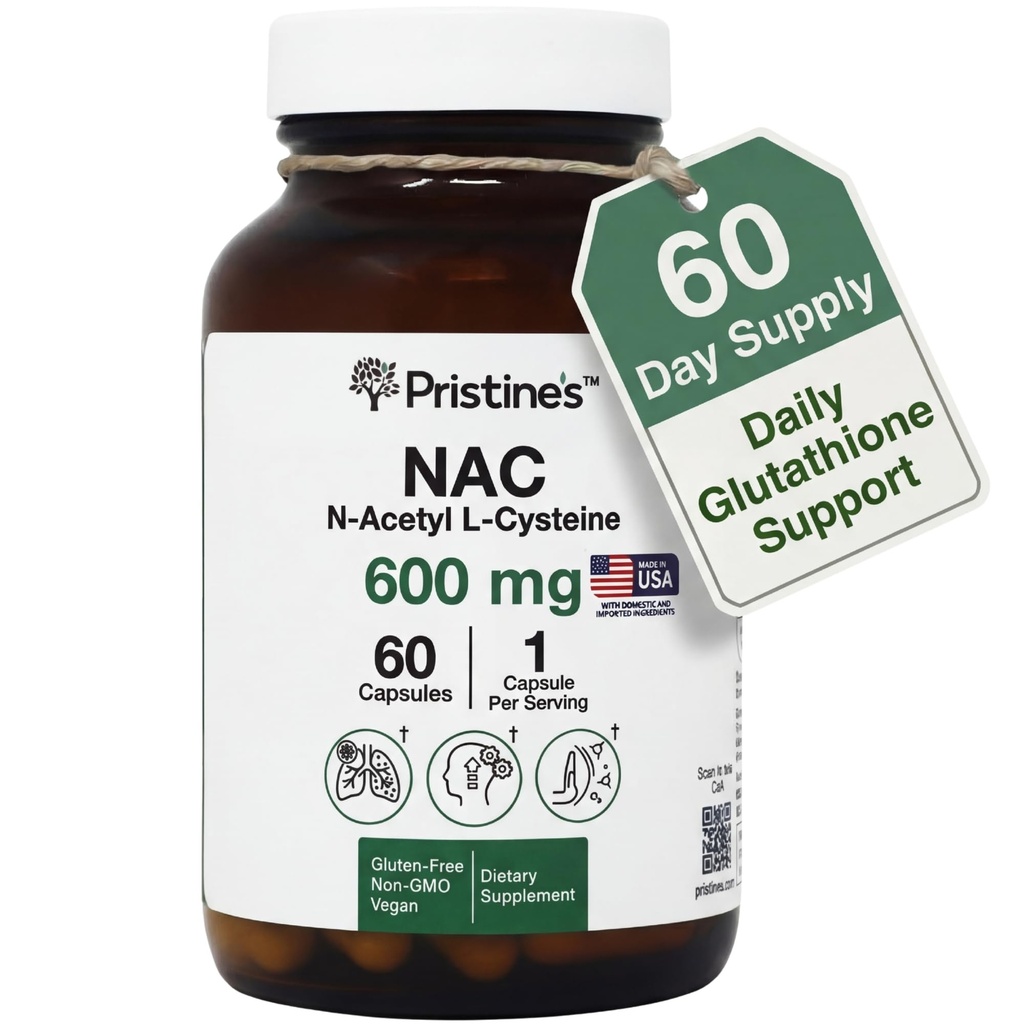 PRISTINE'S N-Acetyl L-Cysteine (NAC) 600MG 60の日の供給の補足のカプセル - グルタチオン及び肝臓のデトックス サポート - 強力な酸化防止剤 - ビーガン、グルテンフリーのGMOガラスびん