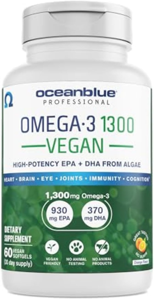 Oceanblue プロのビーガンオメガ 3 1300-60 カウント - 植物ベースの魚油代替, 高効力ビーガン DHA EPA 藻油サプリメント - 非GMO, 30 サービング