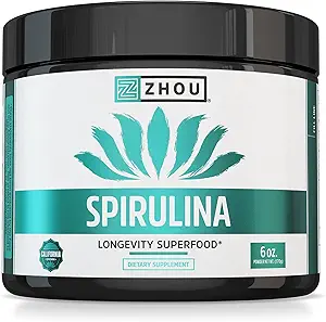 Zhou Spirulinaパウダー - 女性のための青い緑のスピルリナスーパーフード & ビーガンプロテインと男性, Chlorophyll & スムーズなエネルギーと長寿のためのフィコシアニン, スムージーのためのドリンクミックス - 6 oz ジャー (48 サービング)